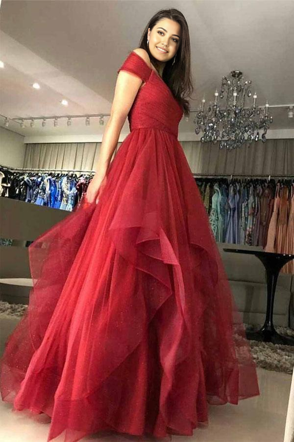 A-line Off the Shoulder Tiered Champagne Formal Prom Dress with Pleats